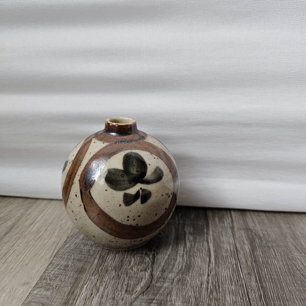 Vintage Ceramic Globe Vase in Cream and Brown with Abstract Brushwork